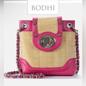 🔥RARE🔥 BODHI Designer Fuchsia Leather / Natural Straw Chain Strap SM Crossbody